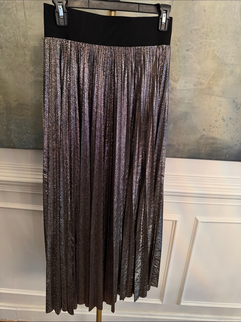 Pleated Metallic Ankle Length Skirt with Black Waistband